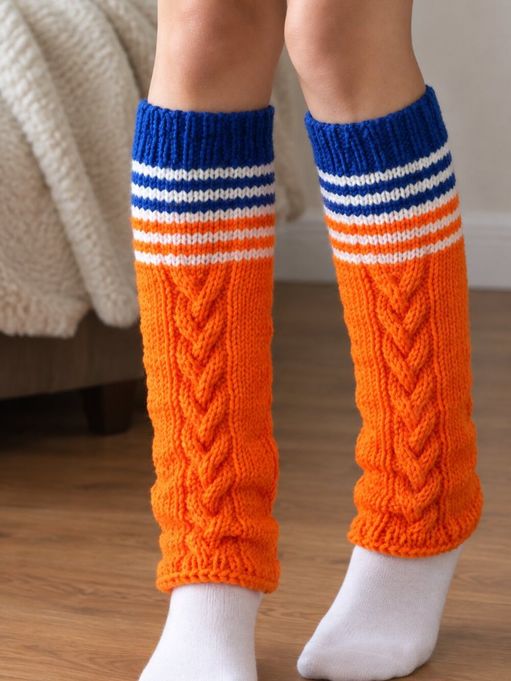 New Handknit Edmonton Oilers Cozy Orange Blue White Striped Leg Warmers